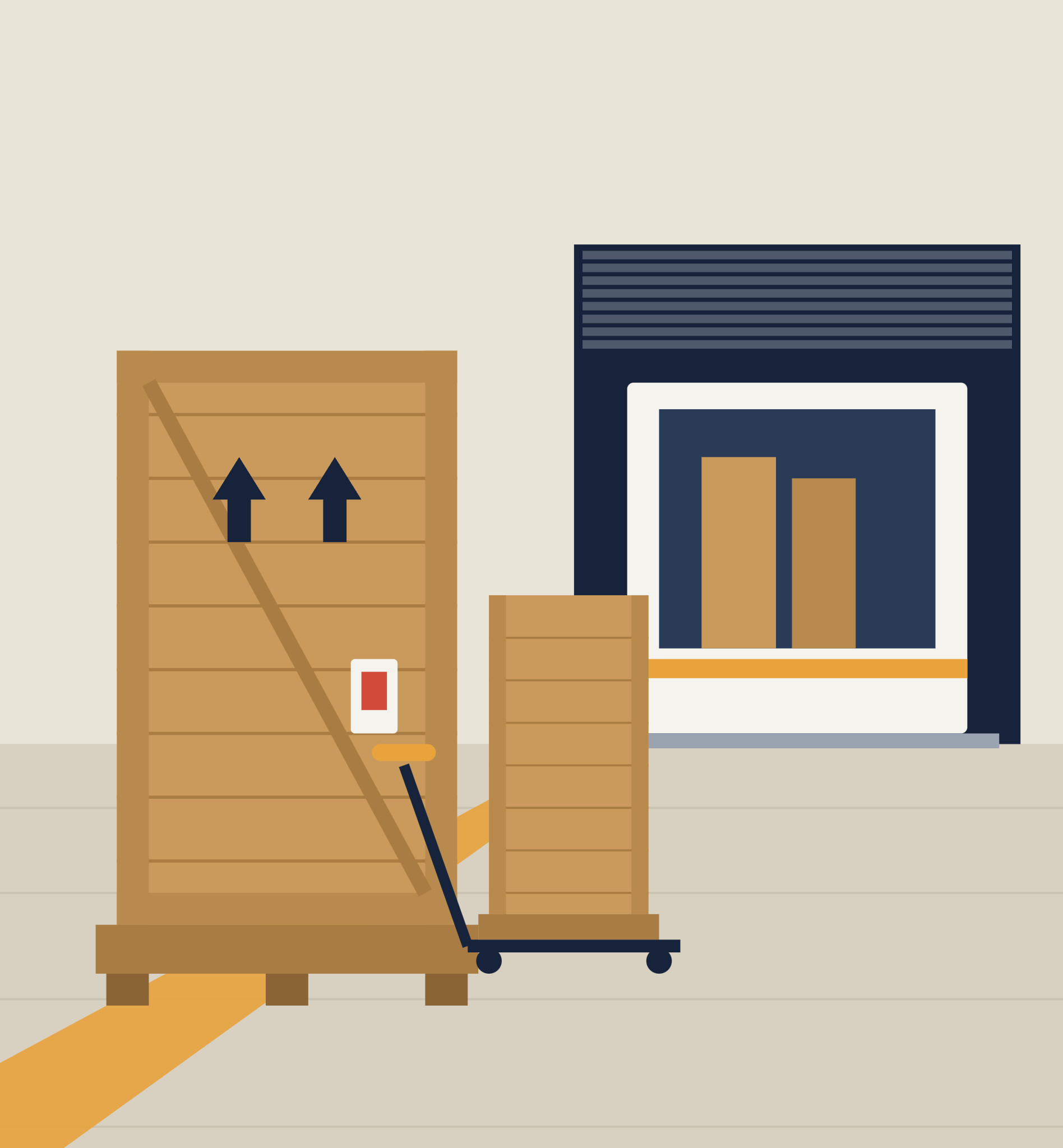 Illustration of a crated rack ready for dispatch at a loading dock
