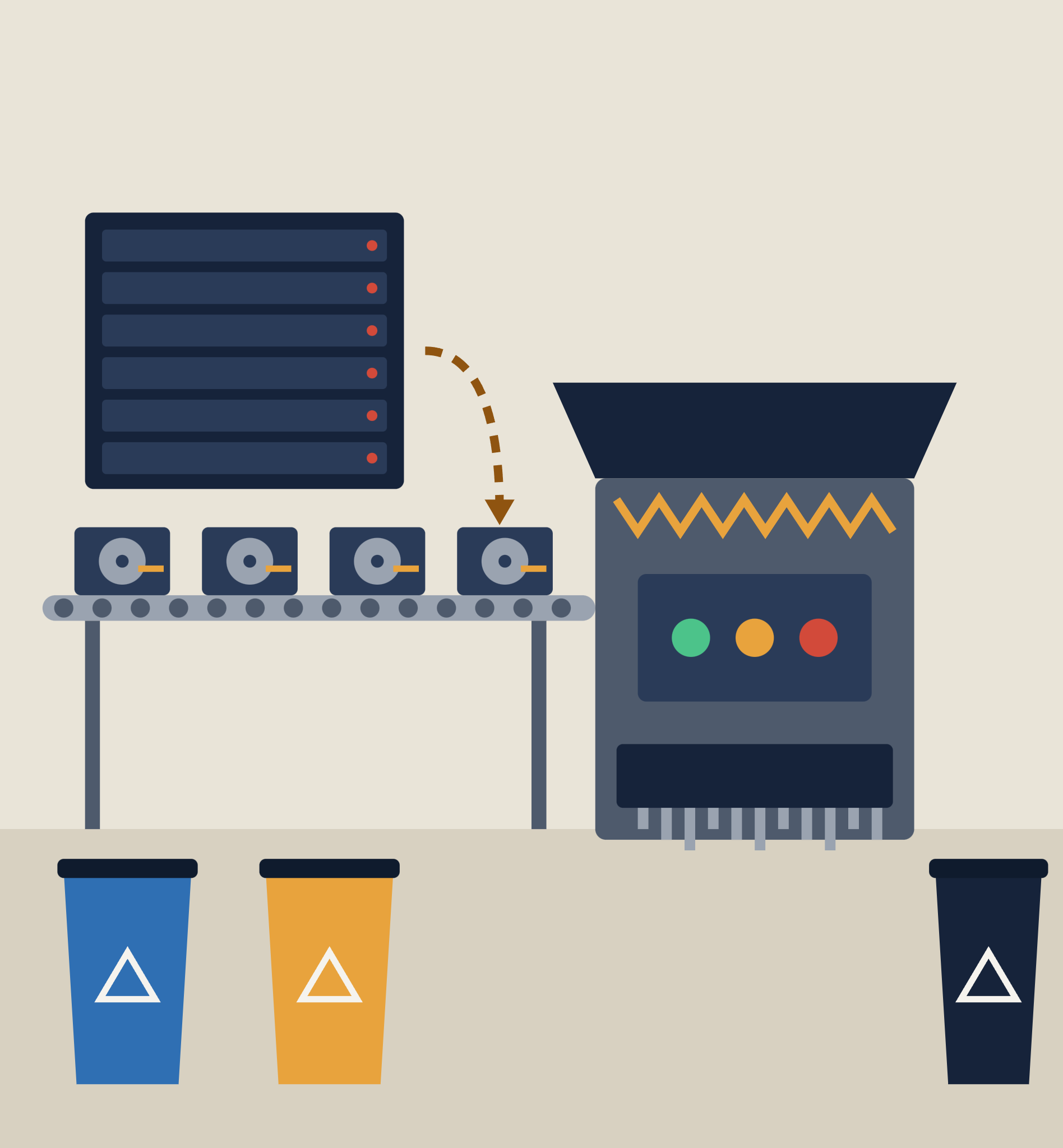 Illustration of drives being shredded and materials sorted for recycling