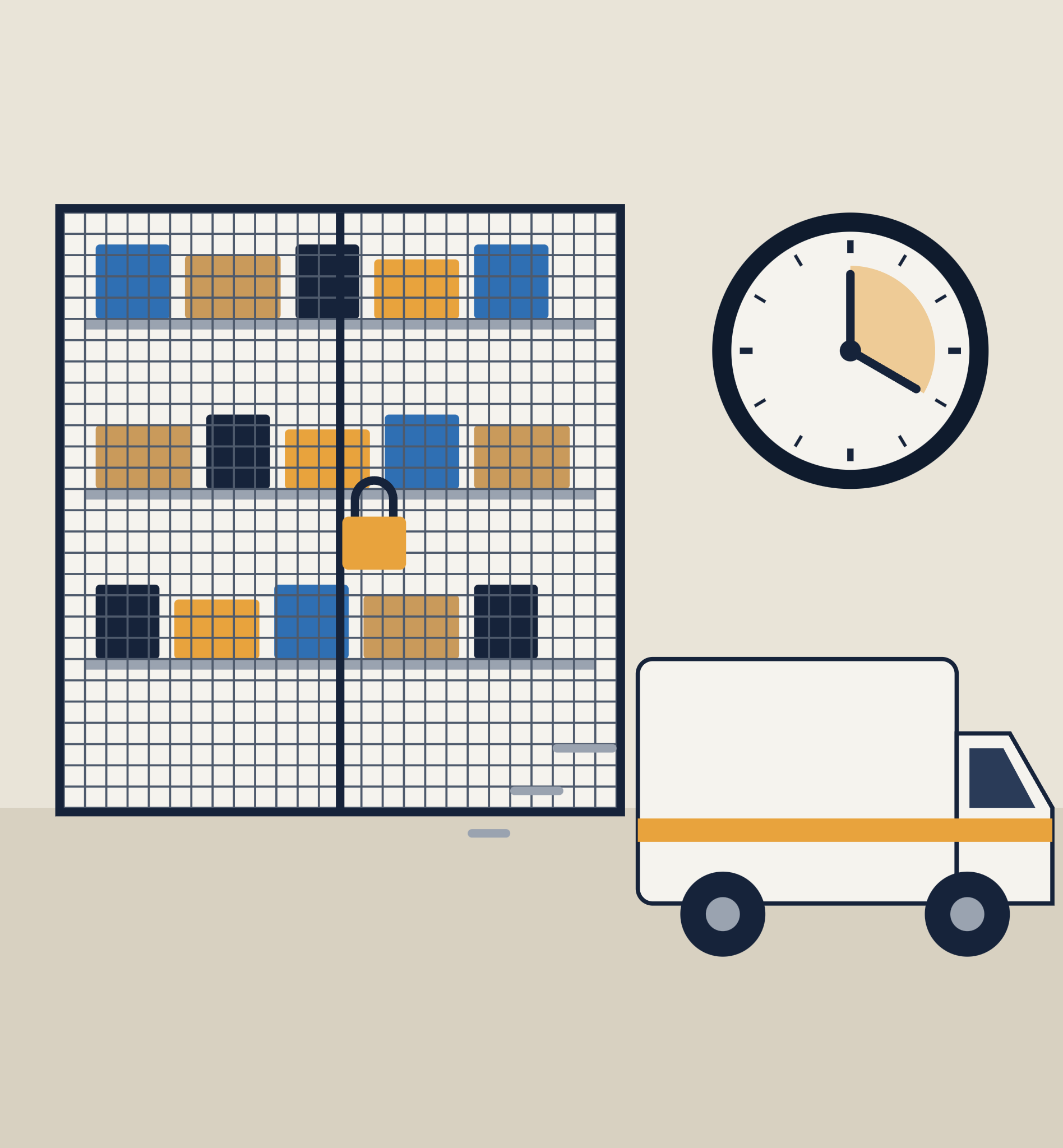 Illustration of a locked spares cage, a clock and a response van